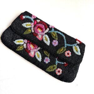 Vintage black beaded Floral Evening Clutch Bag